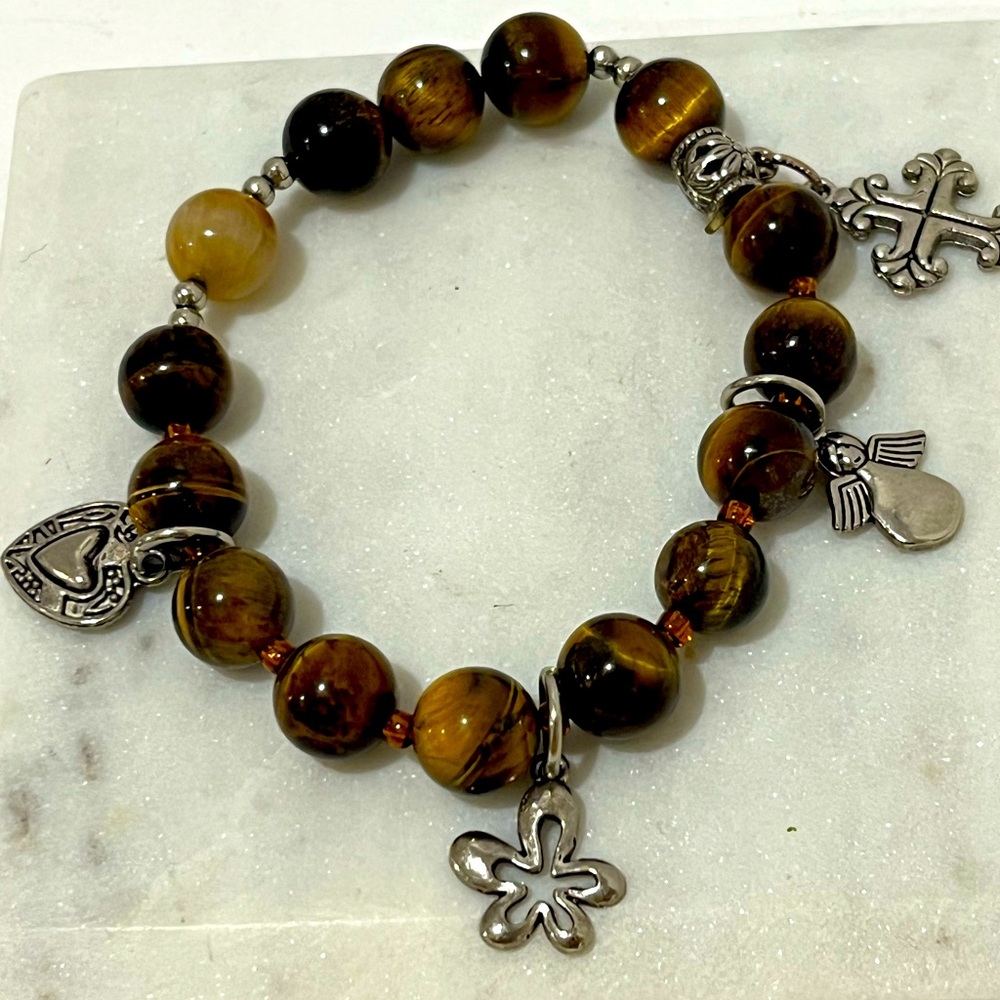 Genuine Round Tiger Eye Bead Charm Bracelet (Angel, Cross, Flower Charms)